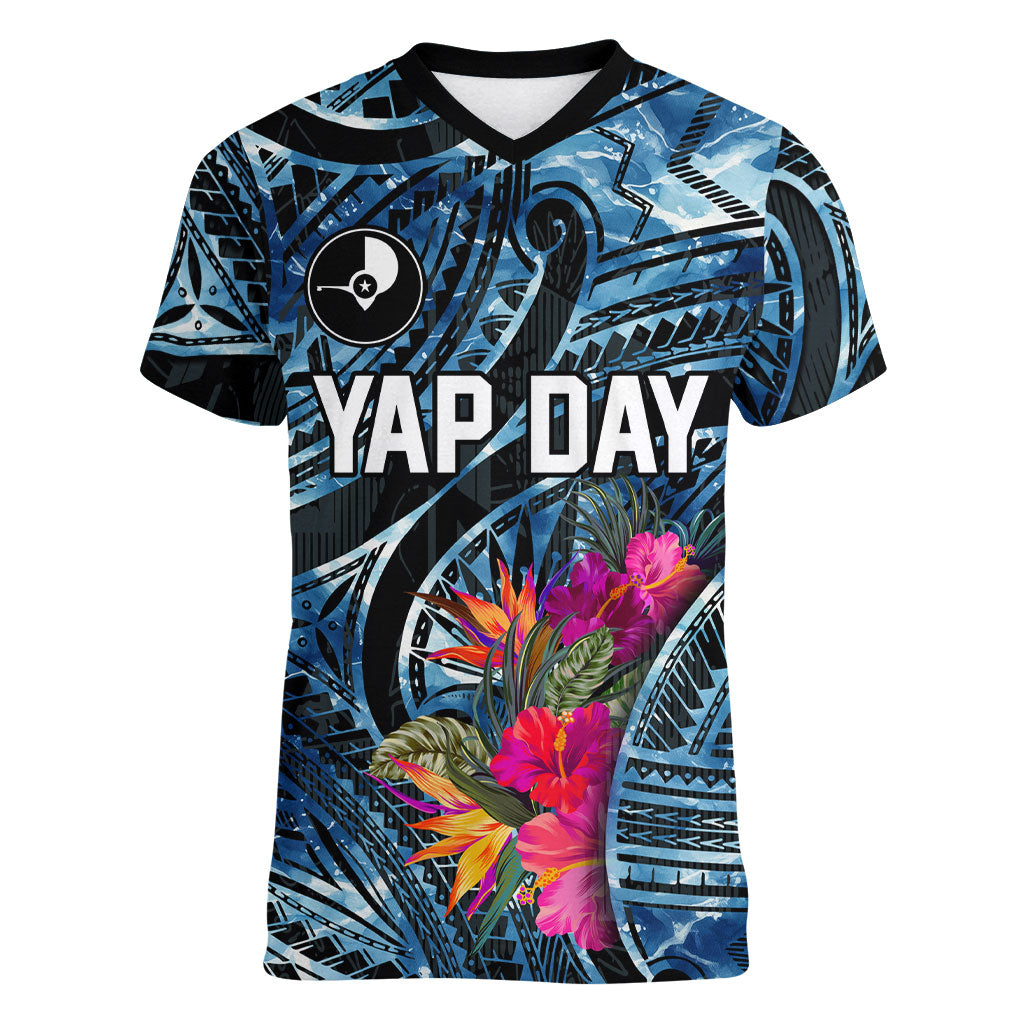 Yap Day Island Floral Tribal Heritage Women V-Neck T-Shirt Micronesian Hibiscus Pattern Polynesian Tattoo Blue Art TS04 Female Black Blue - Polynesian Pride