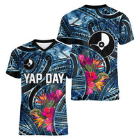 Yap Day Island Floral Tribal Heritage Women V-Neck T-Shirt Micronesian Hibiscus Pattern Polynesian Tattoo Blue Art