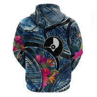 Yap Day Island Floral Tribal Heritage Zip Hoodie Micronesian Hibiscus Pattern Polynesian Tattoo Blue Art