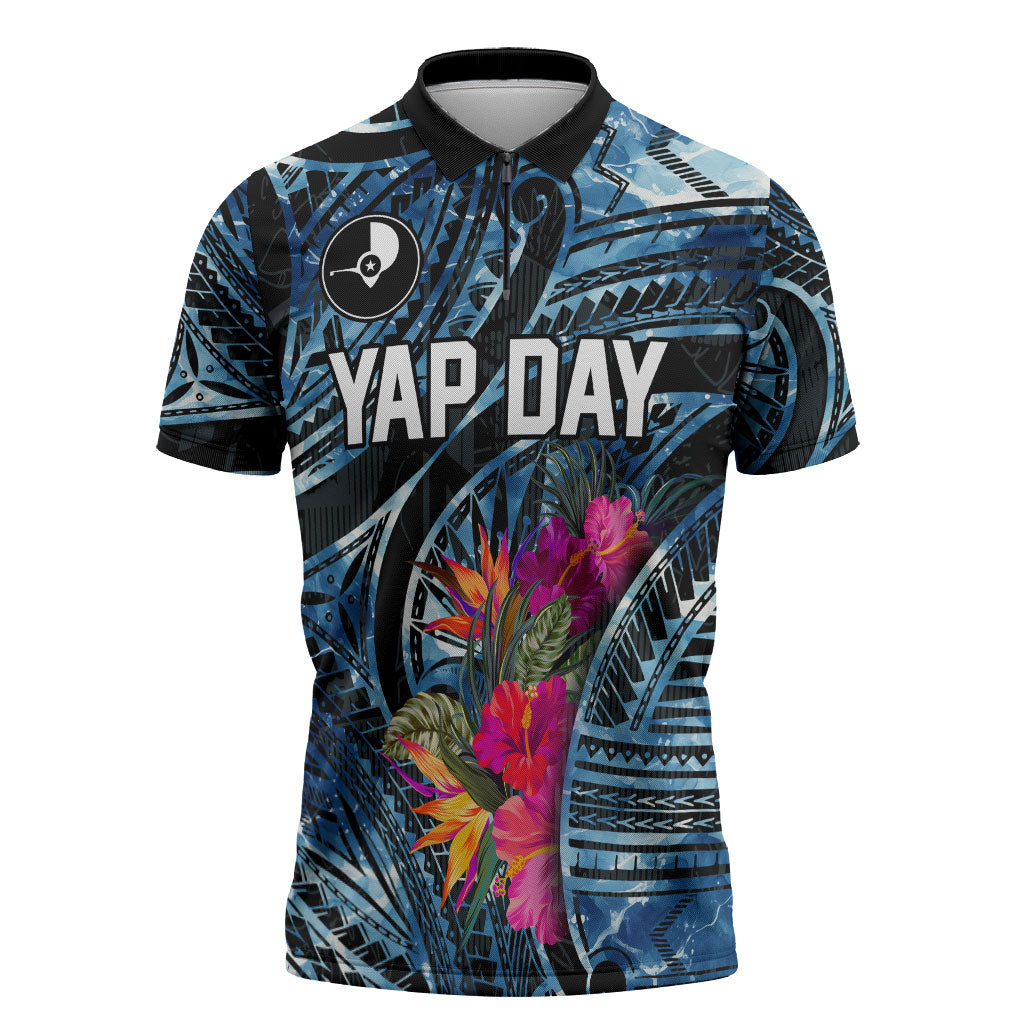 Yap Day Island Floral Tribal Heritage Zipper Polo Shirt Micronesian Hibiscus Pattern Polynesian Tattoo Blue Art