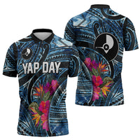 Yap Day Island Floral Tribal Heritage Zipper Polo Shirt Micronesian Hibiscus Pattern Polynesian Tattoo Blue Art