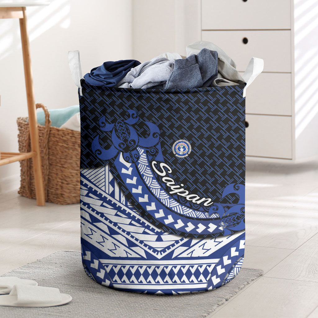 Northern Mariana Islands Saipan Laundry Basket Polynesian Tribal Pattern - Commonwealth Seal Art TS04 Blue White - Polynesian Pride