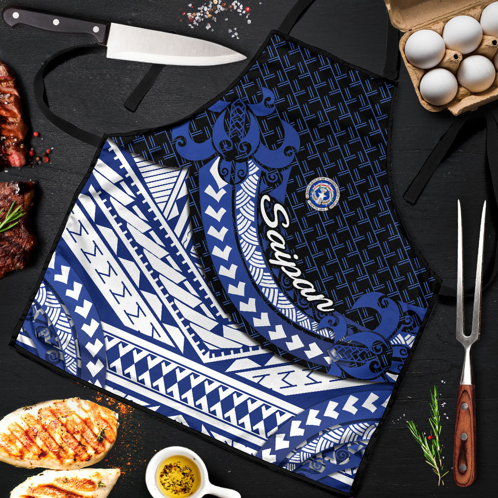 Northern Mariana Islands Saipan Apron Polynesian Tribal Pattern - Commonwealth Seal Art TS04 Blue White - Polynesian Pride