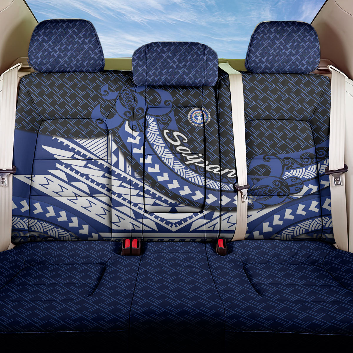 Northern Mariana Islands Saipan Back Car Seat Cover Polynesian Tribal Pattern - Commonwealth Seal Art TS04 One Size Blue White - Polynesian Pride