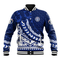 Northern Mariana Islands Saipan Baseball Jacket Polynesian Tribal Pattern - Commonwealth Seal Art TS04 Unisex Blue White - Polynesian Pride