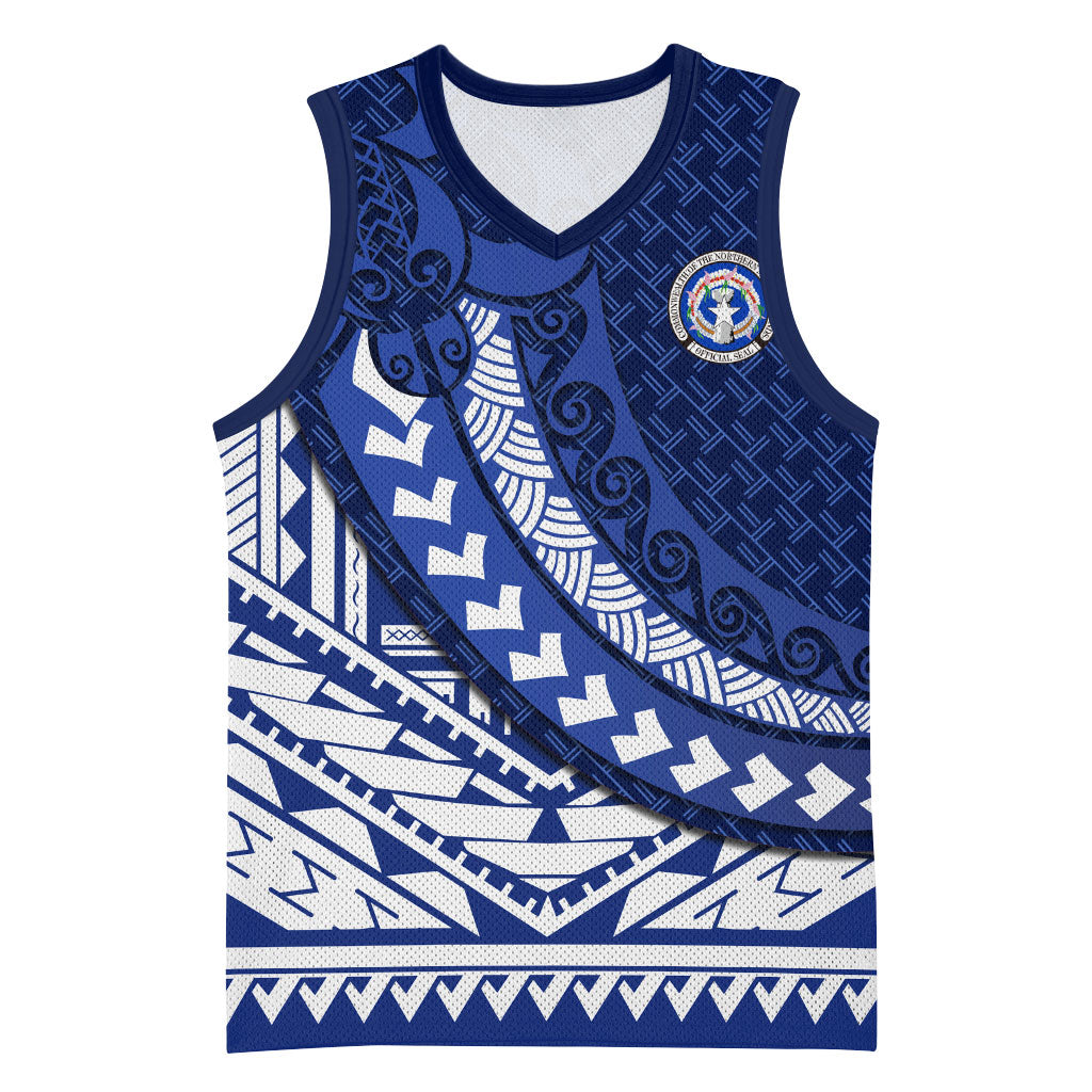 Northern Mariana Islands Saipan Basketball Jersey Polynesian Tribal Pattern - Commonwealth Seal Art TS04 Unisex Blue White - Polynesian Pride