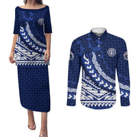 Northern Mariana Islands Saipan Couples Matching Puletasi and Long Sleeve Button Shirt Polynesian Tribal Pattern - Commonwealth Seal Art