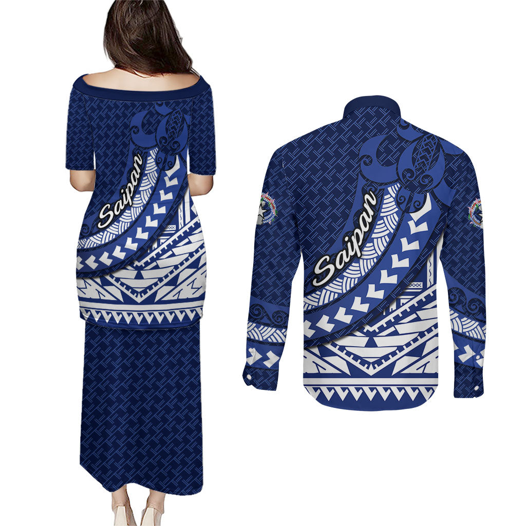 Northern Mariana Islands Saipan Couples Matching Puletasi and Long Sleeve Button Shirt Polynesian Tribal Pattern - Commonwealth Seal Art