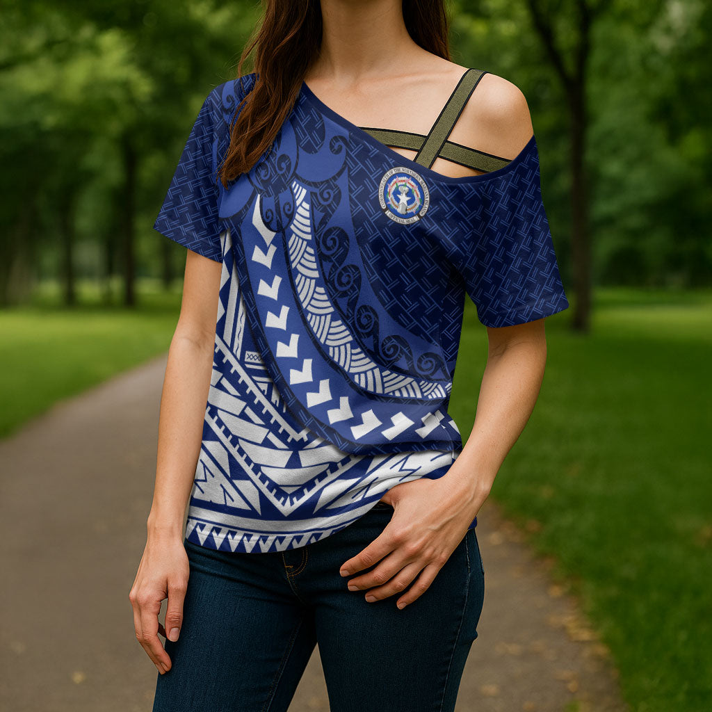Northern Mariana Islands Saipan Cross Shoulder Shirt Polynesian Tribal Pattern - Commonwealth Seal Art TS04 - Polynesian Pride