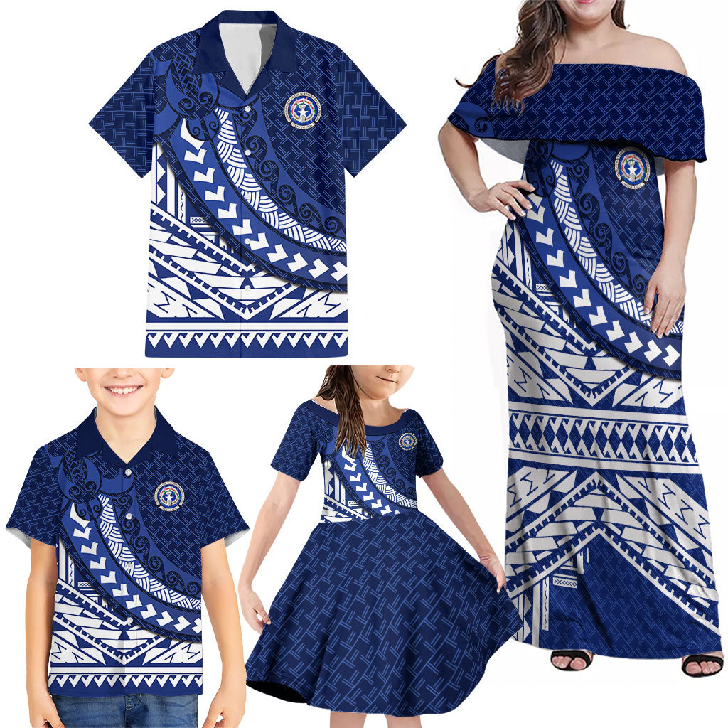 Northern Mariana Islands Saipan Family Matching Off Shoulder Maxi Dress and Hawaiian Shirt Polynesian Tribal Pattern - Commonwealth Seal Art