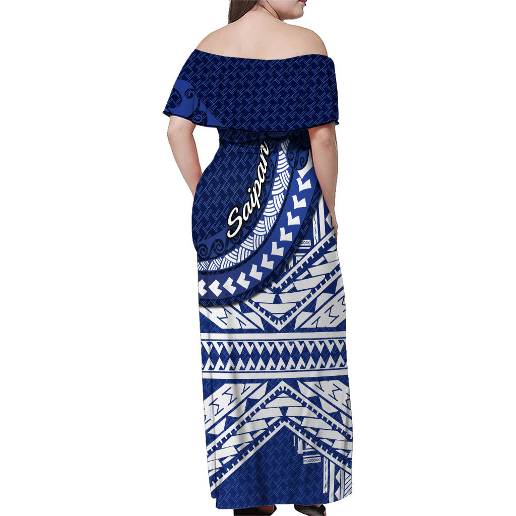 Northern Mariana Islands Saipan Family Matching Off Shoulder Maxi Dress and Hawaiian Shirt Polynesian Tribal Pattern - Commonwealth Seal Art