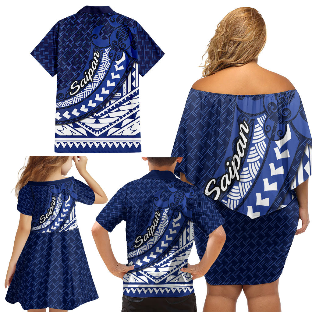 Northern Mariana Islands Saipan Family Matching Off Shoulder Short Dress and Hawaiian Shirt Polynesian Tribal Pattern - Commonwealth Seal Art