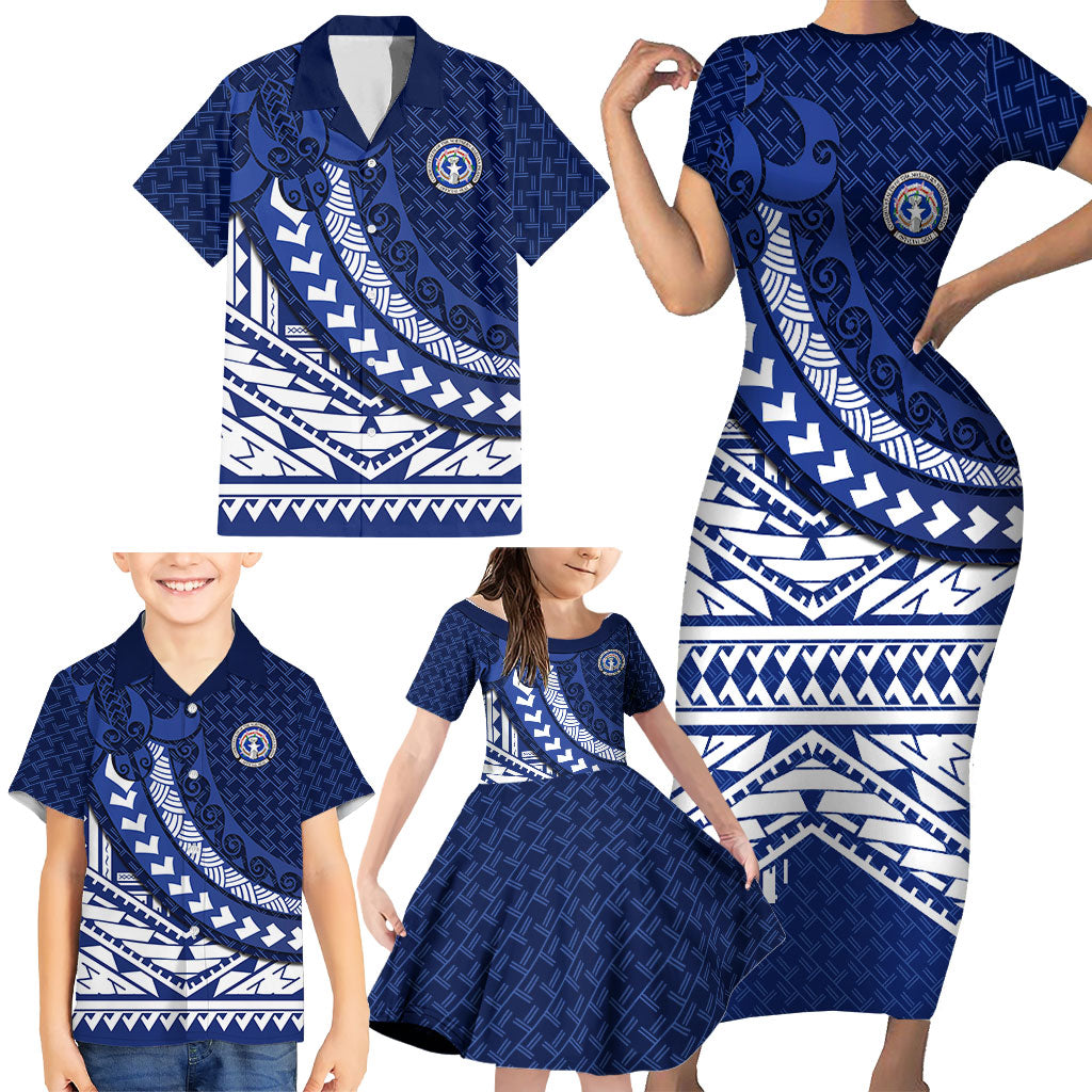 Northern Mariana Islands Saipan Family Matching Short Sleeve Bodycon Dress and Hawaiian Shirt Polynesian Tribal Pattern - Commonwealth Seal Art