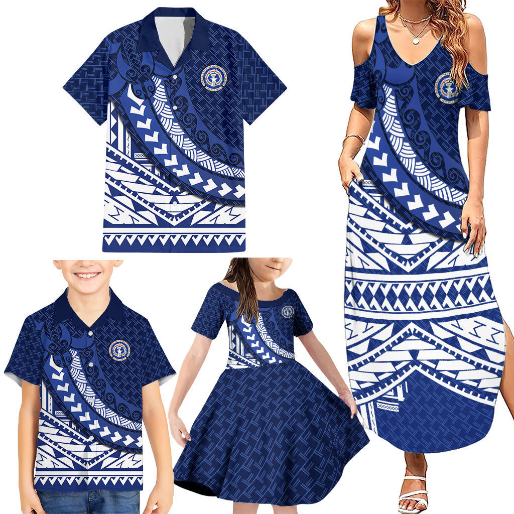 Northern Mariana Islands Saipan Family Matching Summer Maxi Dress and Hawaiian Shirt Polynesian Tribal Pattern - Commonwealth Seal Art