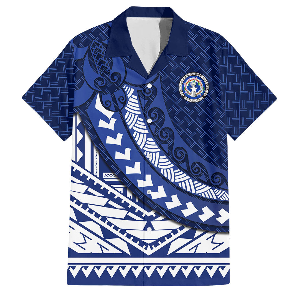 Northern Mariana Islands Saipan Hawaiian Shirt Polynesian Tribal Pattern - Commonwealth Seal Art TS04 Blue White - Polynesian Pride