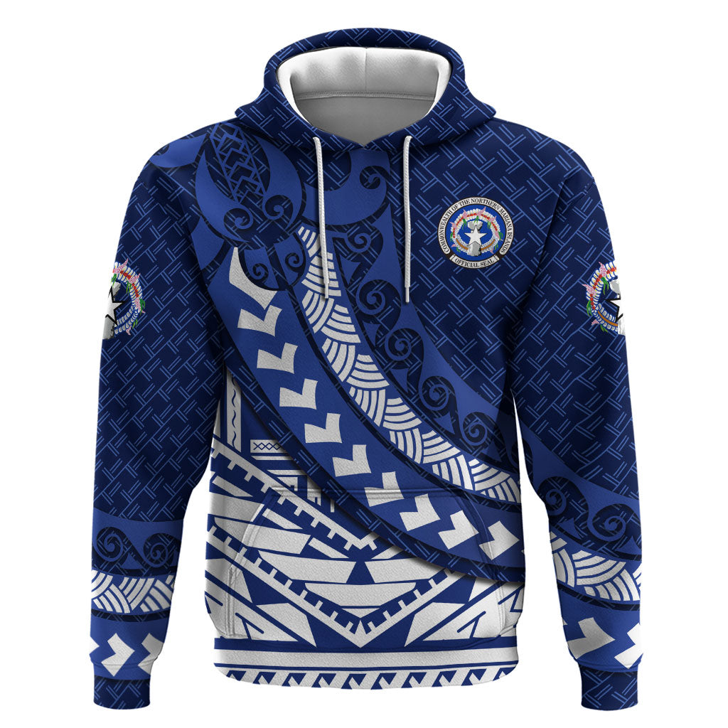 Northern Mariana Islands Saipan Hoodie Polynesian Tribal Pattern - Commonwealth Seal Art TS04 Pullover Hoodie Blue White - Polynesian Pride