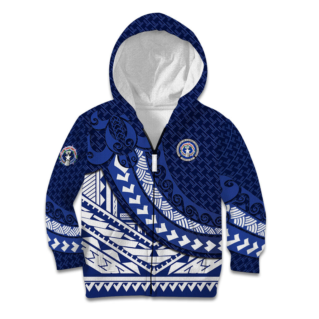 Northern Mariana Islands Saipan Kid Hoodie Polynesian Tribal Pattern - Commonwealth Seal Art TS04 Zip Hoodie Blue White - Polynesian Pride