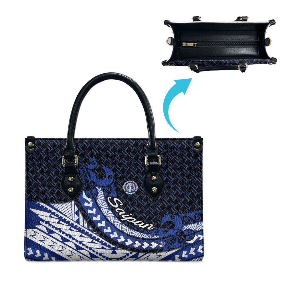 Northern Mariana Islands Saipan Leather Bag Polynesian Tribal Pattern - Commonwealth Seal Art TS04 - Polynesian Pride