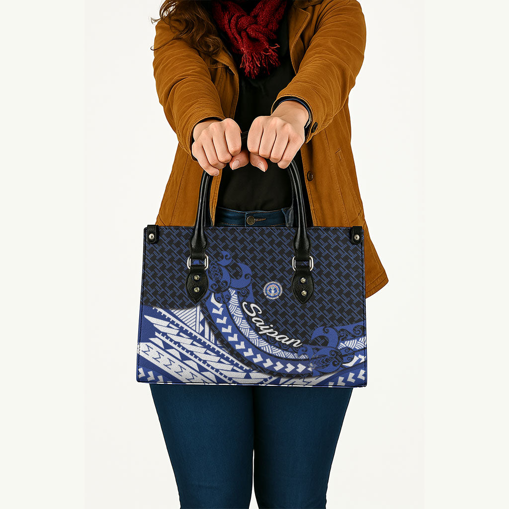 Northern Mariana Islands Saipan Leather Bag Polynesian Tribal Pattern - Commonwealth Seal Art TS04 - Polynesian Pride