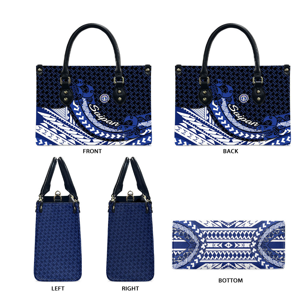 Northern Mariana Islands Saipan Leather Bag Polynesian Tribal Pattern - Commonwealth Seal Art TS04 - Polynesian Pride
