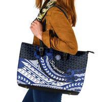 Northern Mariana Islands Saipan Leather Tote Bag Polynesian Tribal Pattern - Commonwealth Seal Art TS04 Blue White - Polynesian Pride