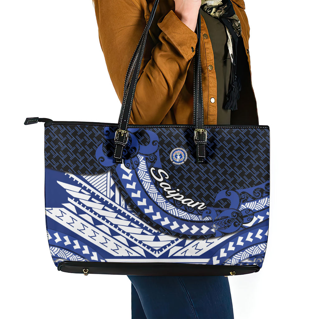 Northern Mariana Islands Saipan Leather Tote Bag Polynesian Tribal Pattern - Commonwealth Seal Art TS04 - Polynesian Pride