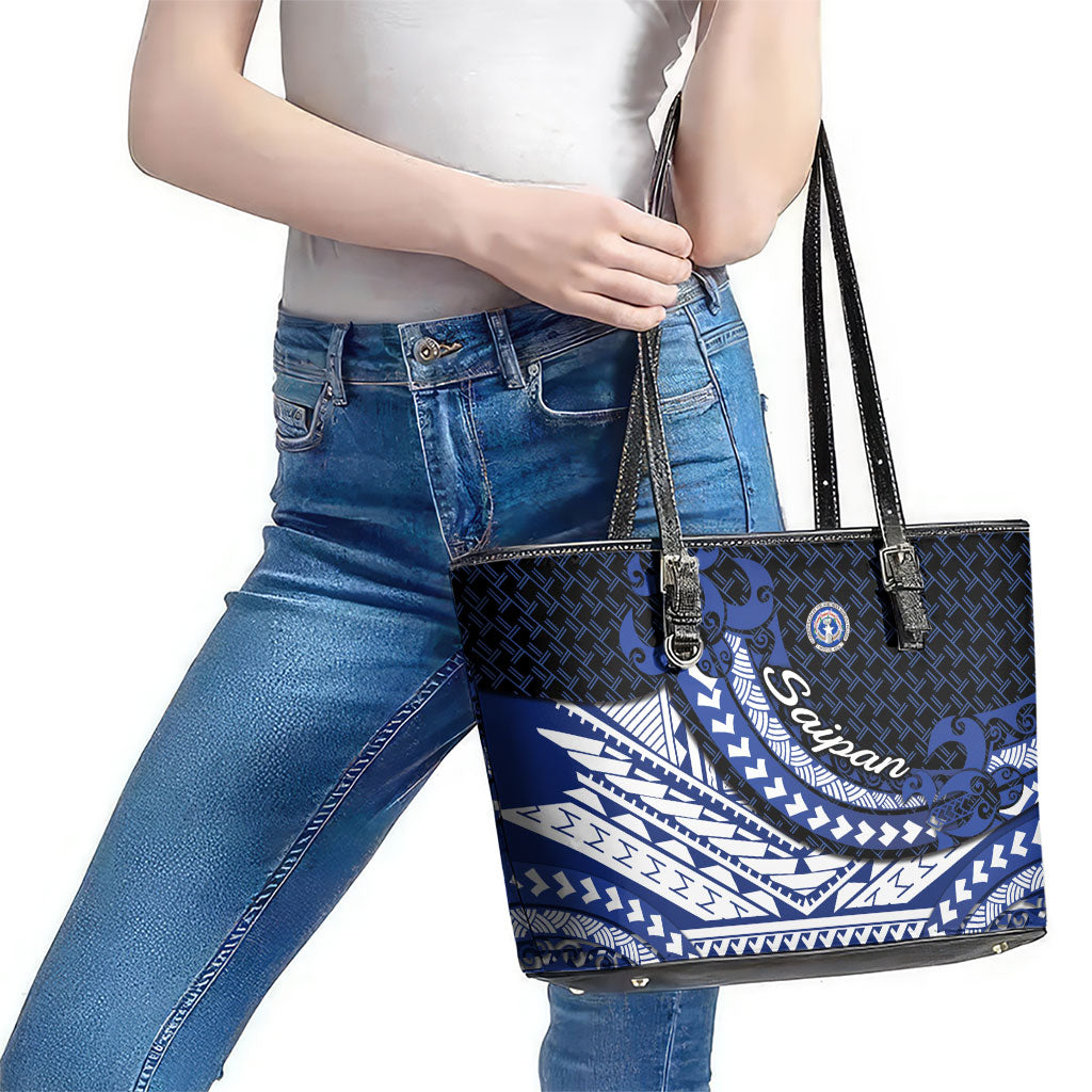 Northern Mariana Islands Saipan Leather Tote Bag Polynesian Tribal Pattern - Commonwealth Seal Art TS04 - Polynesian Pride