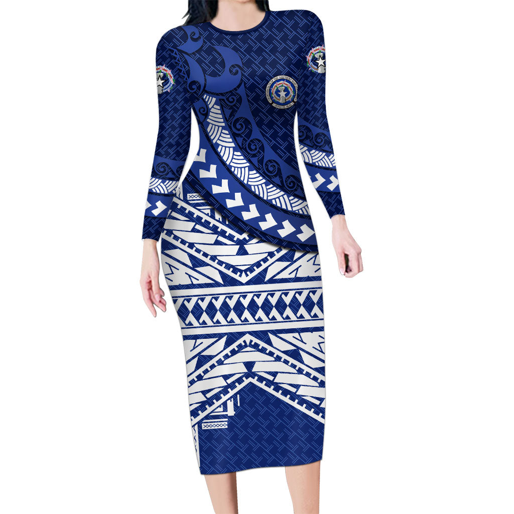 Northern Mariana Islands Saipan Long Sleeve Bodycon Dress Polynesian Tribal Pattern - Commonwealth Seal Art