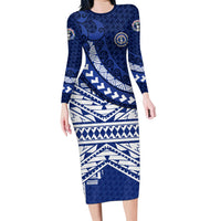 Northern Mariana Islands Saipan Long Sleeve Bodycon Dress Polynesian Tribal Pattern - Commonwealth Seal Art