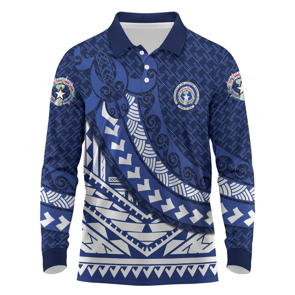Northern Mariana Islands Saipan Long Sleeve Polo Shirt Polynesian Tribal Pattern - Commonwealth Seal Art TS04 Blue White - Polynesian Pride