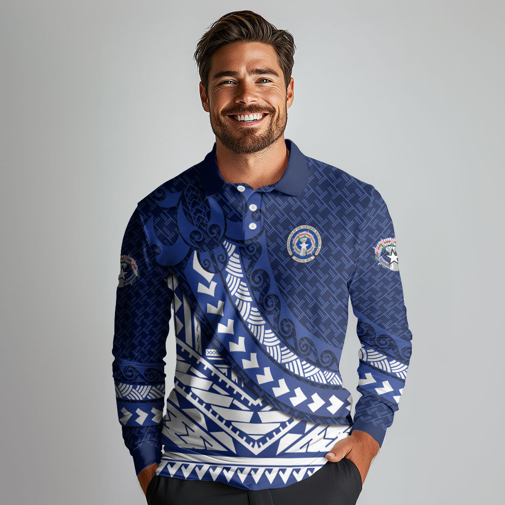 Northern Mariana Islands Saipan Long Sleeve Polo Shirt Polynesian Tribal Pattern - Commonwealth Seal Art TS04 - Polynesian Pride
