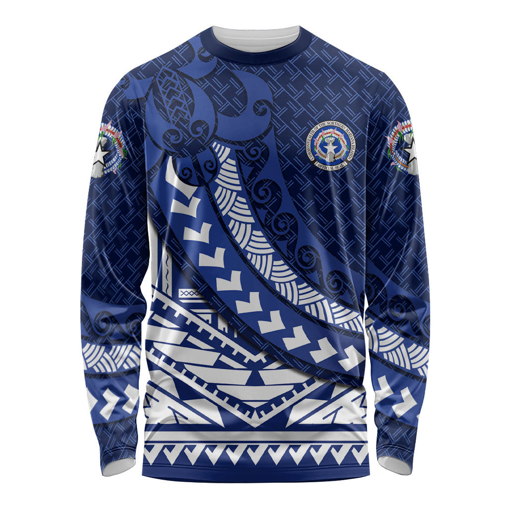 Northern Mariana Islands Saipan Long Sleeve Shirt Polynesian Tribal Pattern - Commonwealth Seal Art TS04 Unisex Blue White - Polynesian Pride