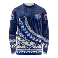Northern Mariana Islands Saipan Long Sleeve Shirt Polynesian Tribal Pattern - Commonwealth Seal Art TS04 Unisex Blue White - Polynesian Pride