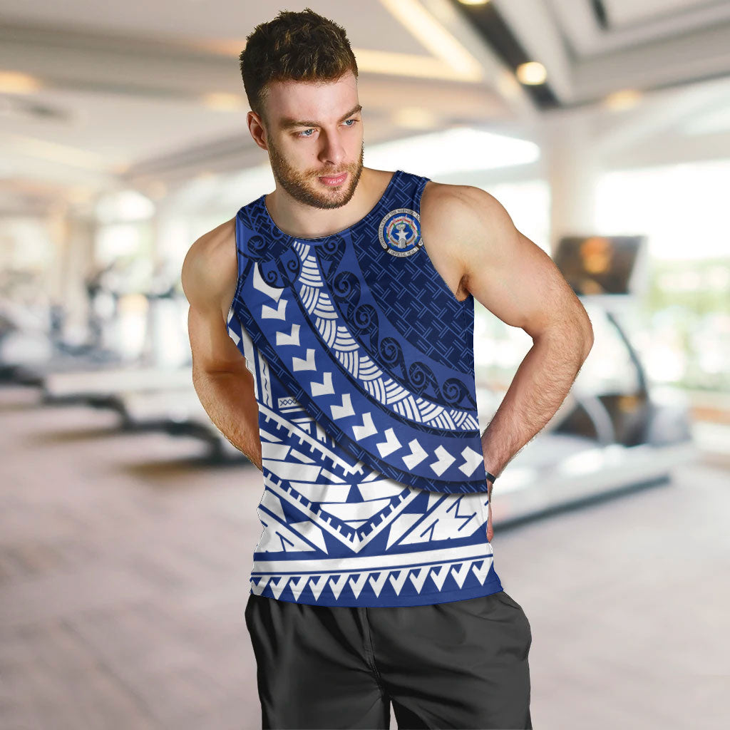 Northern Mariana Islands Saipan Men Tank Top Polynesian Tribal Pattern - Commonwealth Seal Art TS04 Blue White - Polynesian Pride
