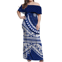 Northern Mariana Islands Saipan Off Shoulder Maxi Dress Polynesian Tribal Pattern - Commonwealth Seal Art TS04 Women Blue White - Polynesian Pride