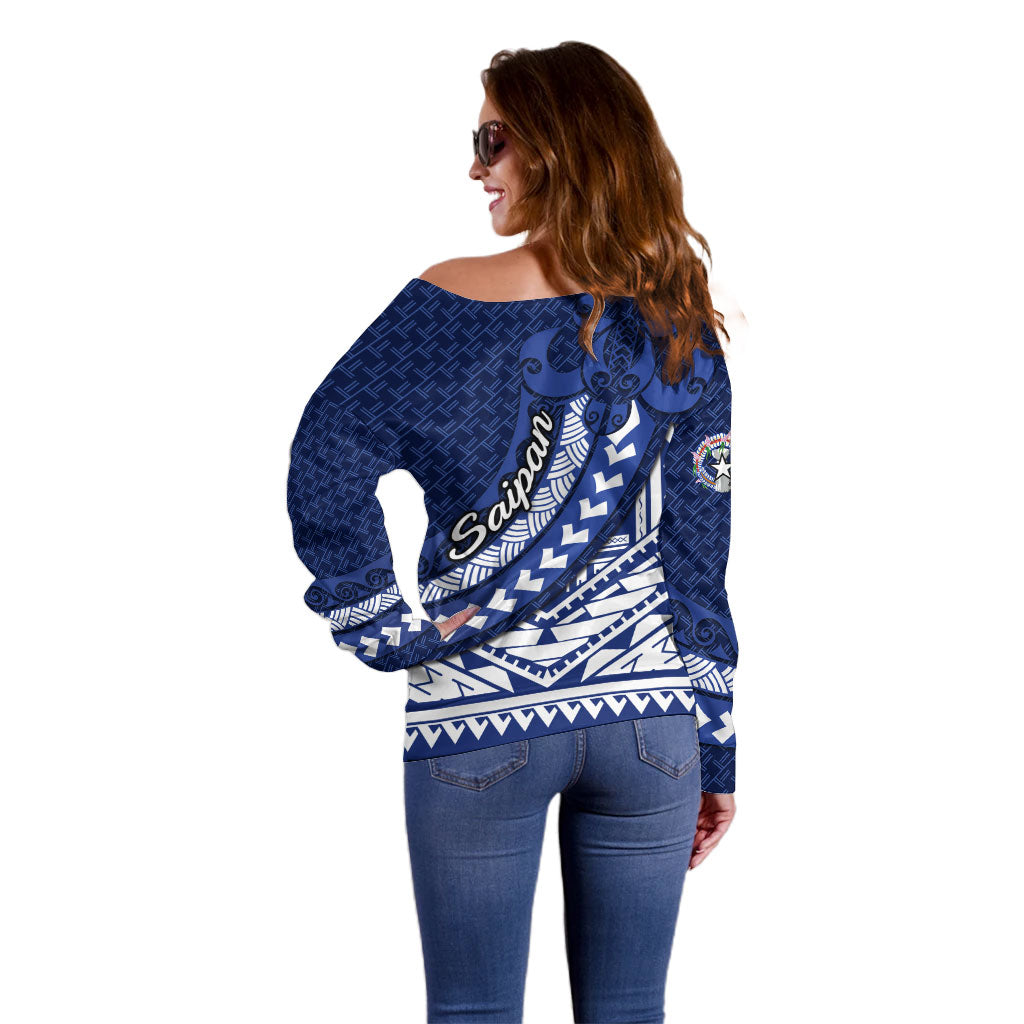 Northern Mariana Islands Saipan Off Shoulder Sweater Polynesian Tribal Pattern - Commonwealth Seal Art TS04 - Polynesian Pride