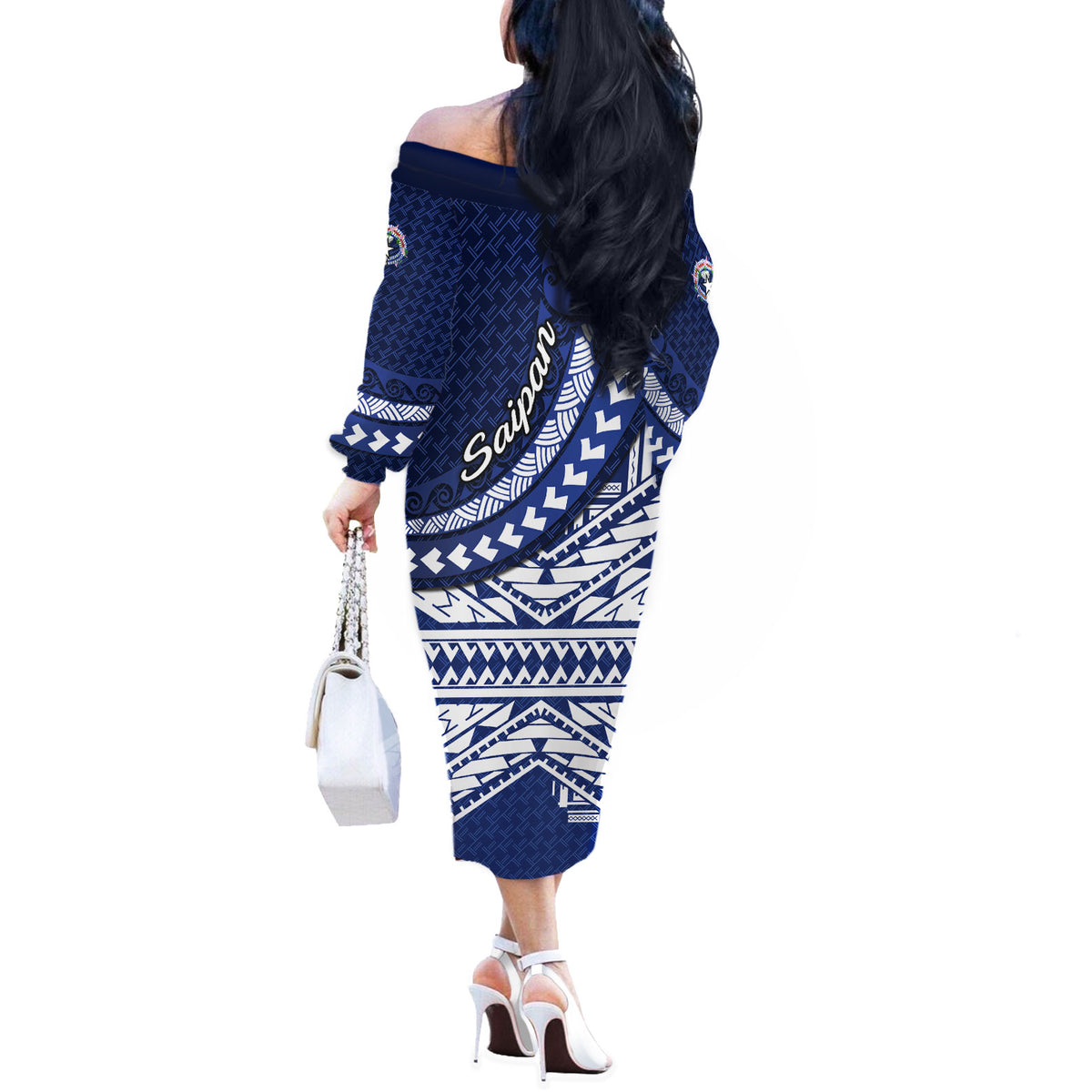 Northern Mariana Islands Saipan Off The Shoulder Long Sleeve Dress Polynesian Tribal Pattern - Commonwealth Seal Art