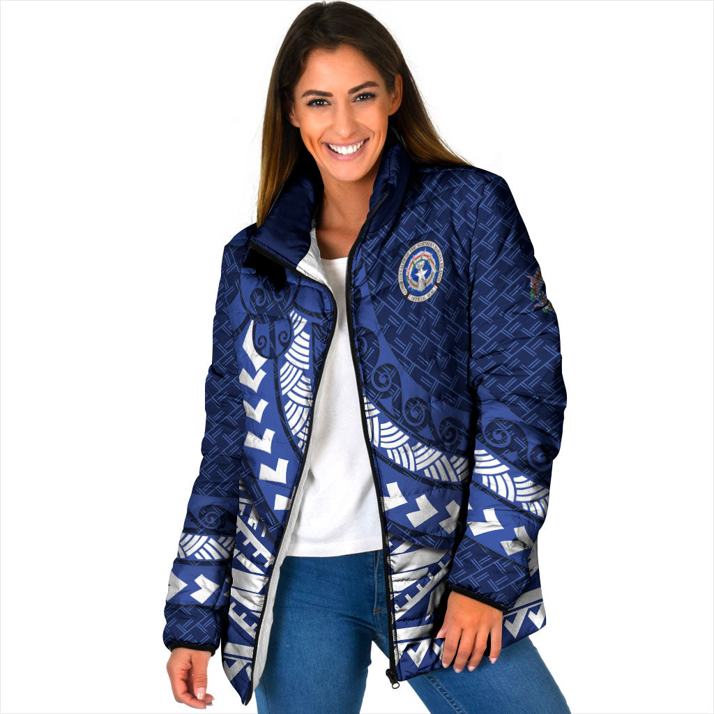 Northern Mariana Islands Saipan Padded Jacket Polynesian Tribal Pattern - Commonwealth Seal Art TS04 Women Blue White - Polynesian Pride