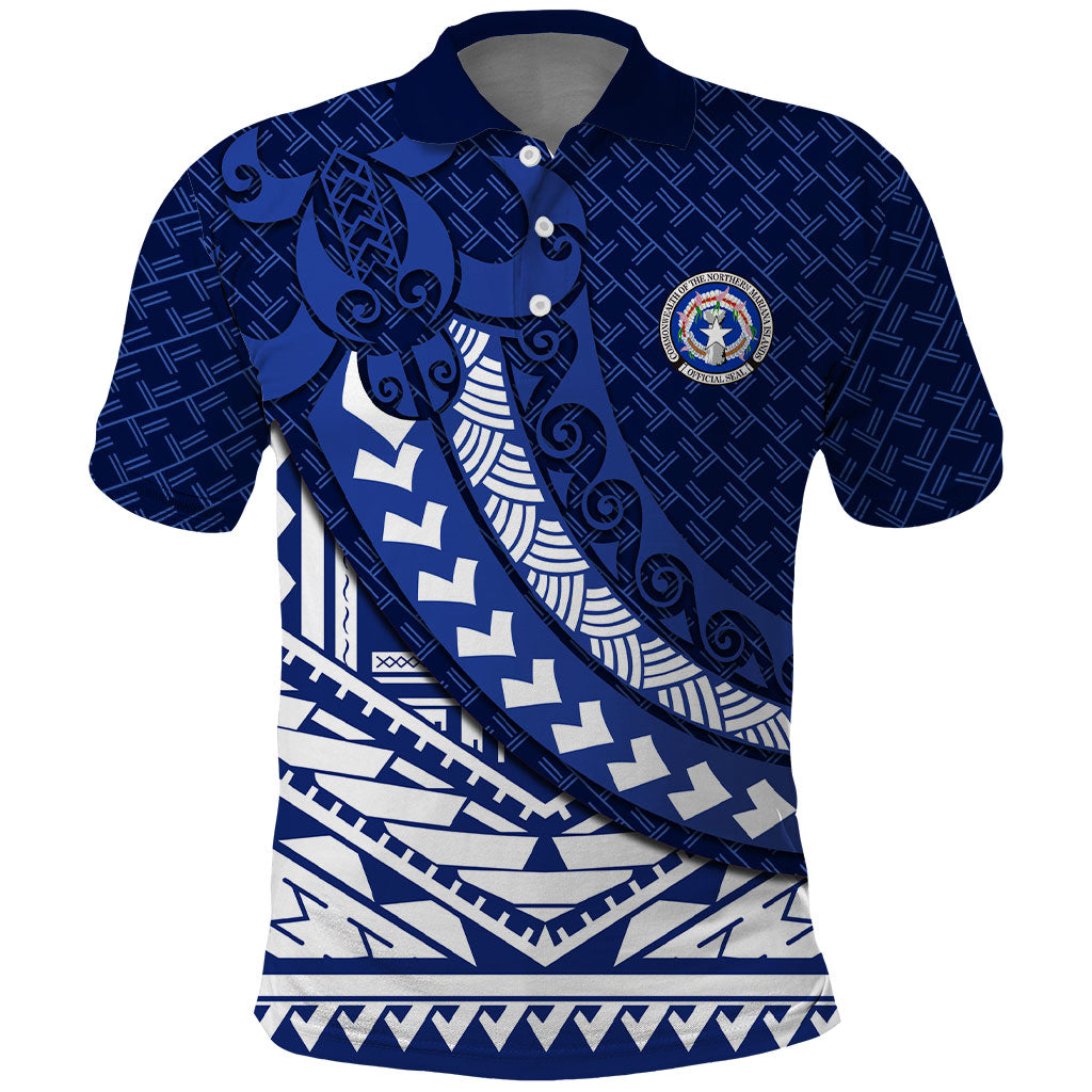 Northern Mariana Islands Saipan Polo Shirt Polynesian Tribal Pattern - Commonwealth Seal Art TS04 Blue White - Polynesian Pride