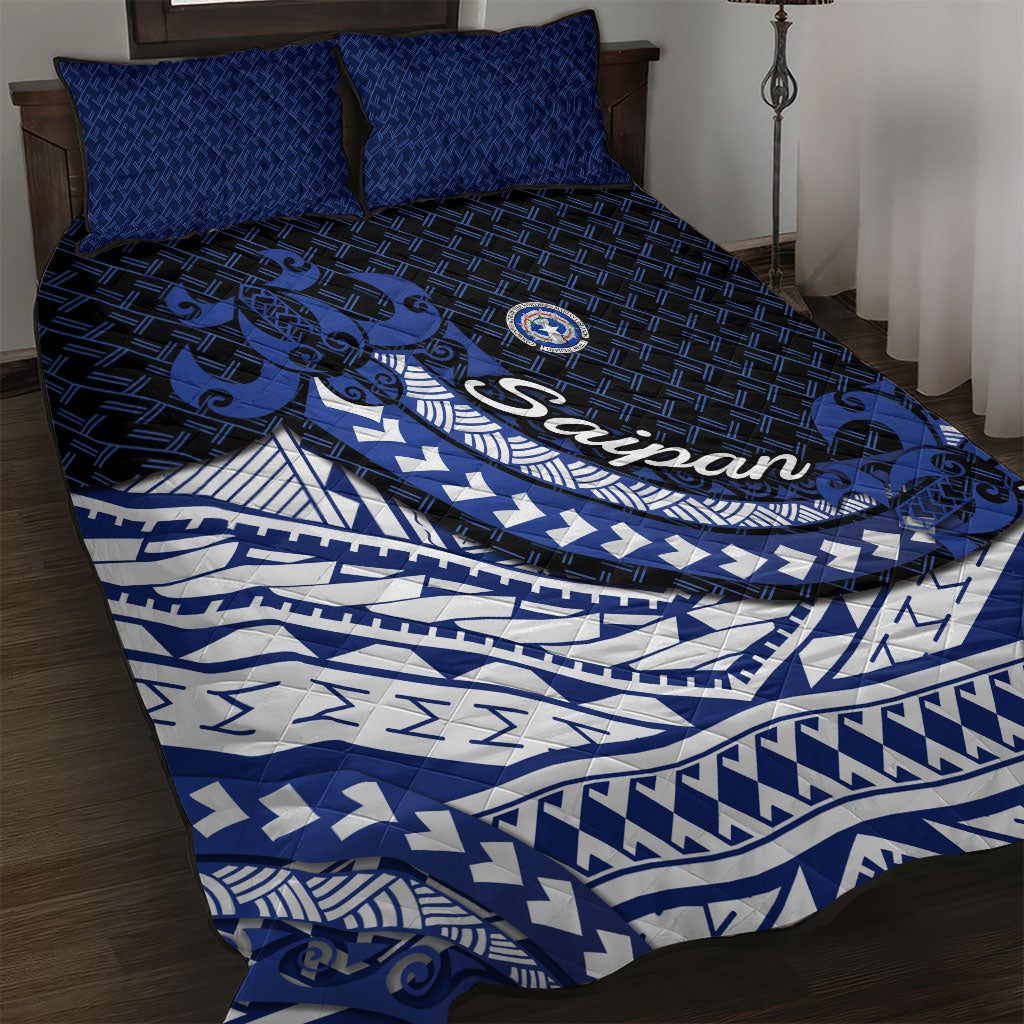 Northern Mariana Islands Saipan Quilt Bed Set Polynesian Tribal Pattern - Commonwealth Seal Art TS04 Blue White - Polynesian Pride