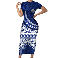 Northern Mariana Islands Saipan Short Sleeve Bodycon Dress Polynesian Tribal Pattern - Commonwealth Seal Art TS04 Long Dress Blue White - Polynesian Pride