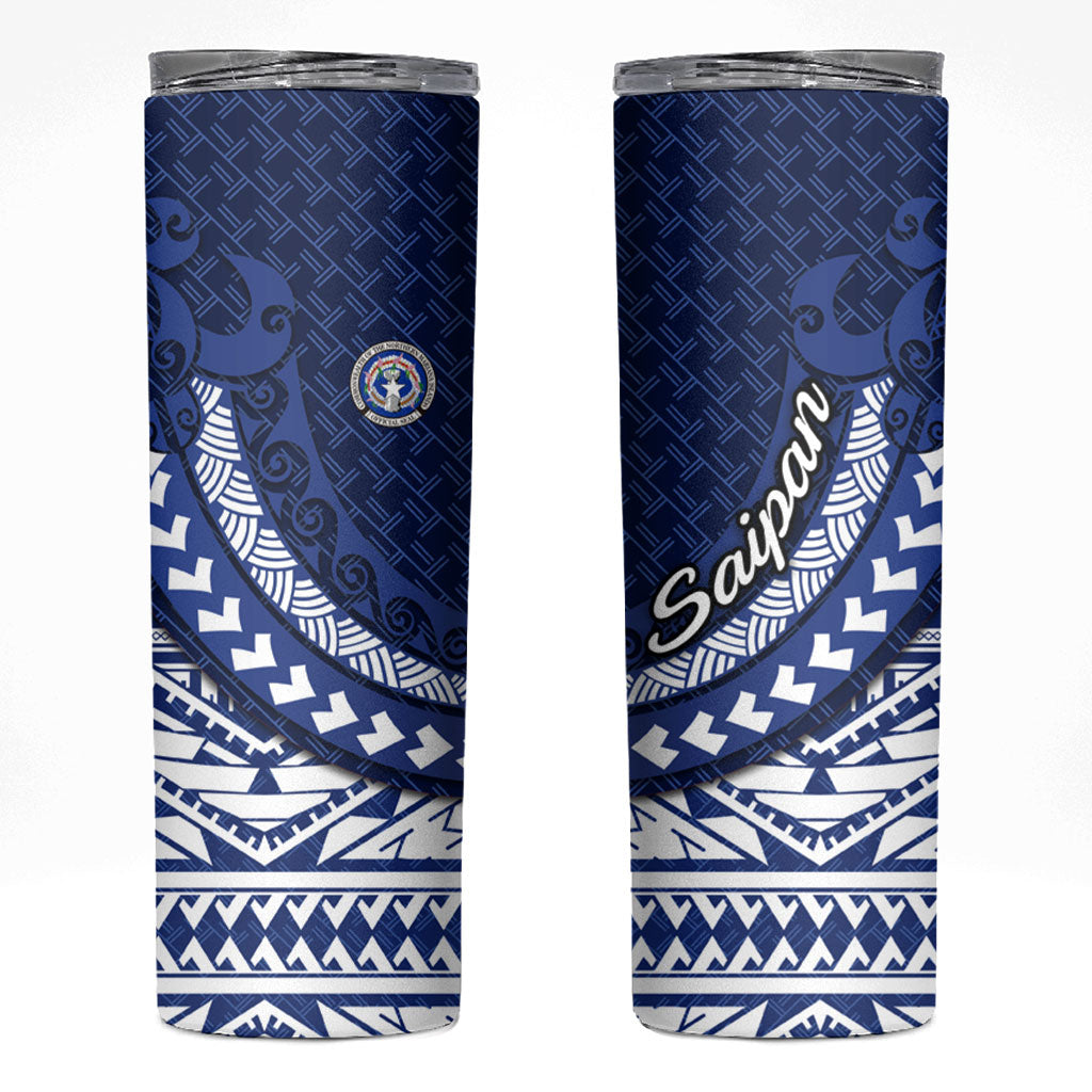 Northern Mariana Islands Saipan Skinny Tumbler Polynesian Tribal Pattern - Commonwealth Seal Art TS04 Blue White - Polynesian Pride