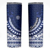 Northern Mariana Islands Saipan Skinny Tumbler Polynesian Tribal Pattern - Commonwealth Seal Art TS04 Blue White - Polynesian Pride