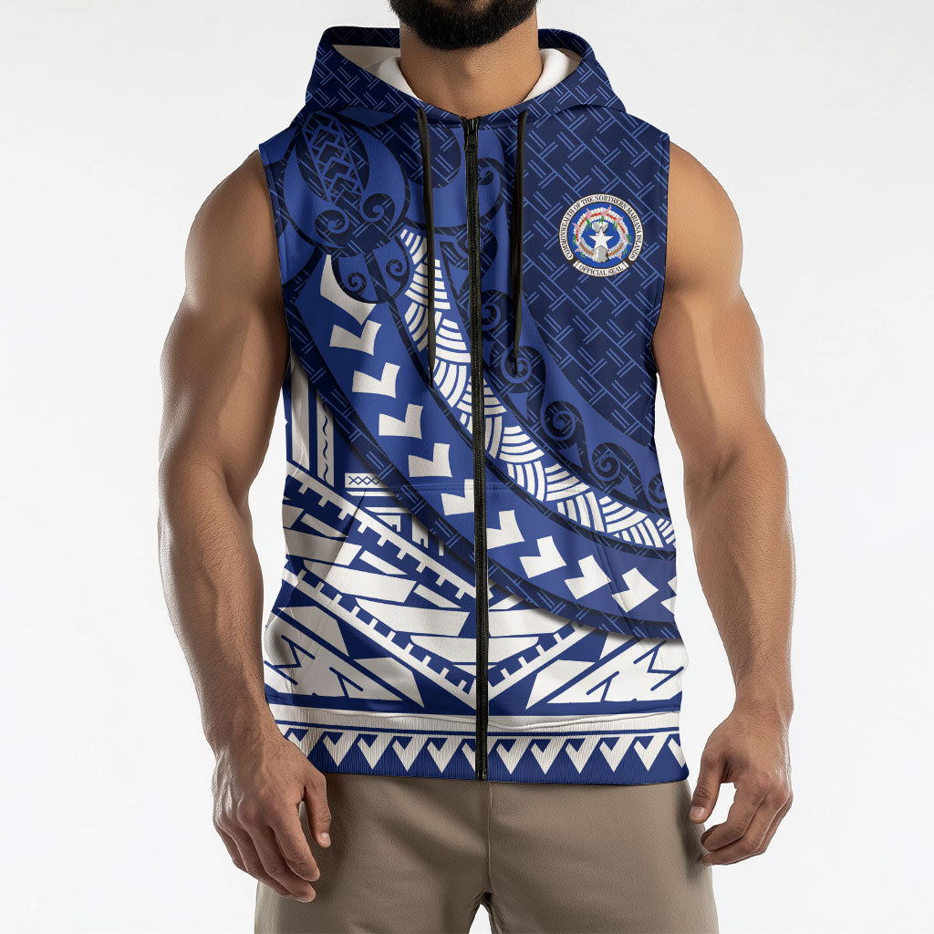 Northern Mariana Islands Saipan Sleeveless Zip Hoodie Polynesian Tribal Pattern - Commonwealth Seal Art TS04 - Polynesian Pride