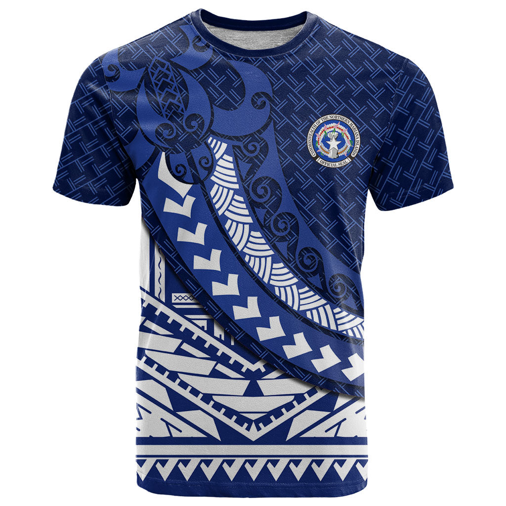 Northern Mariana Islands Saipan T Shirt Polynesian Tribal Pattern - Commonwealth Seal Art TS04 Blue White - Polynesian Pride