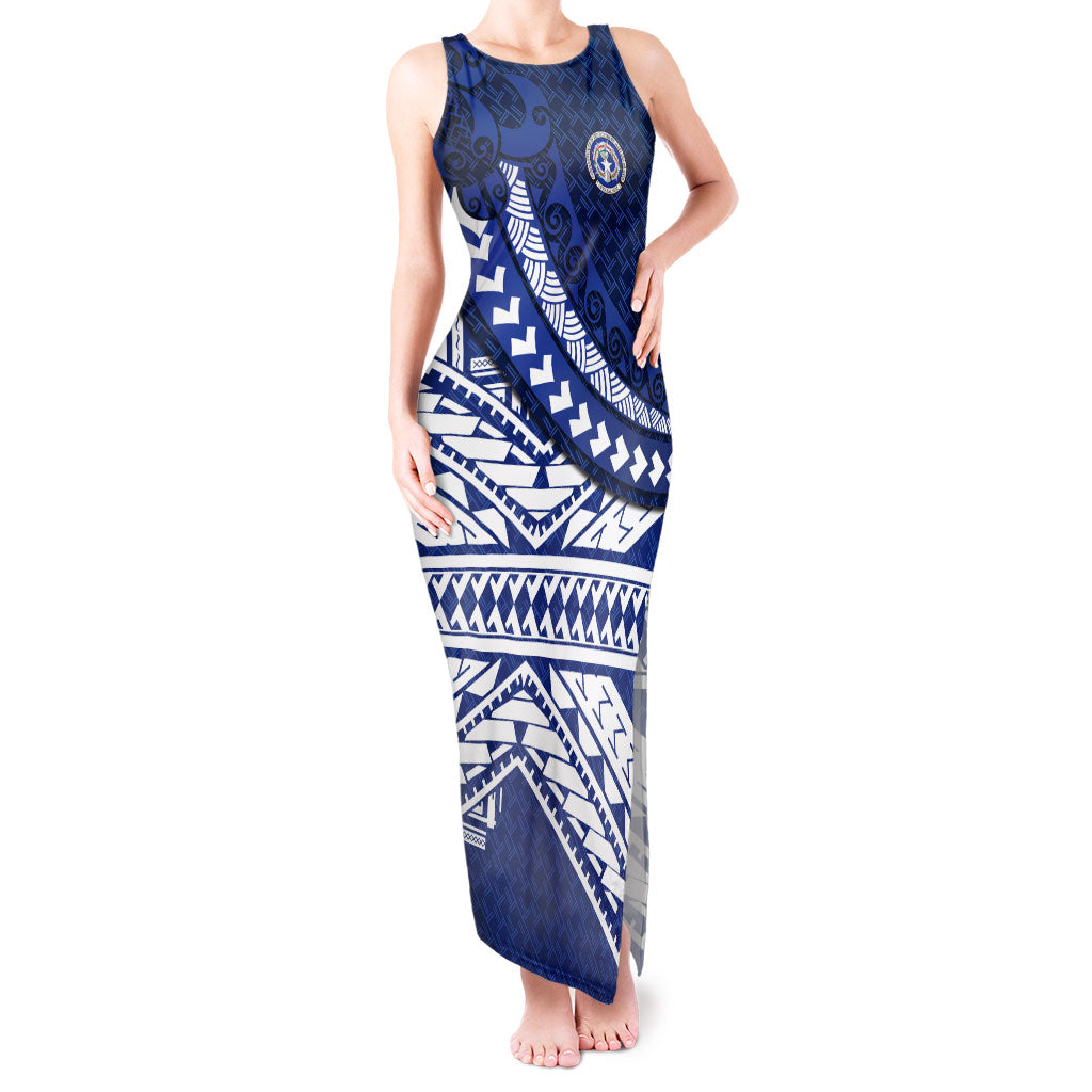 Northern Mariana Islands Saipan Tank Maxi Dress Polynesian Tribal Pattern - Commonwealth Seal Art TS04 Women Blue White - Polynesian Pride