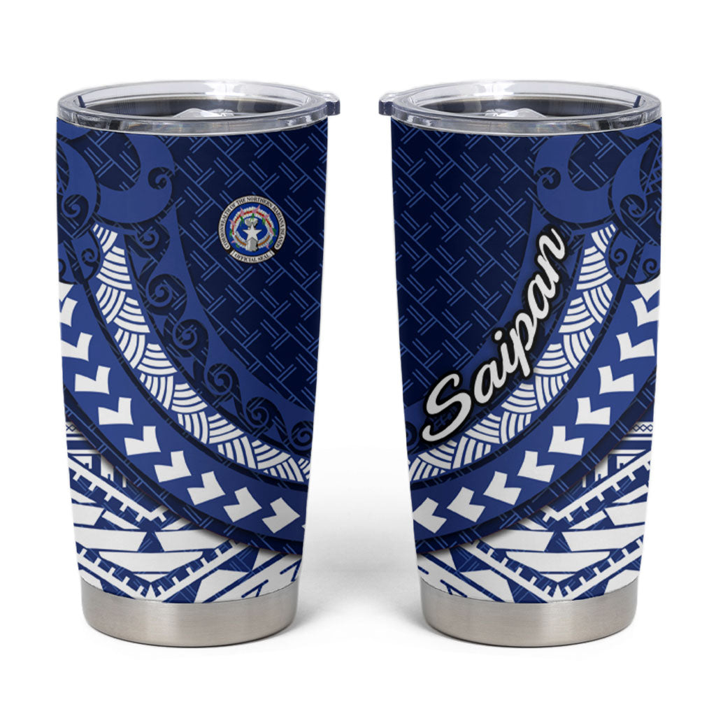 Northern Mariana Islands Saipan Tumbler Cup Polynesian Tribal Pattern - Commonwealth Seal Art TS04 Blue White - Polynesian Pride