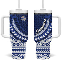 Northern Mariana Islands Saipan Tumbler With Handle Polynesian Tribal Pattern - Commonwealth Seal Art TS04 One Size: 40 oz Blue White - Polynesian Pride