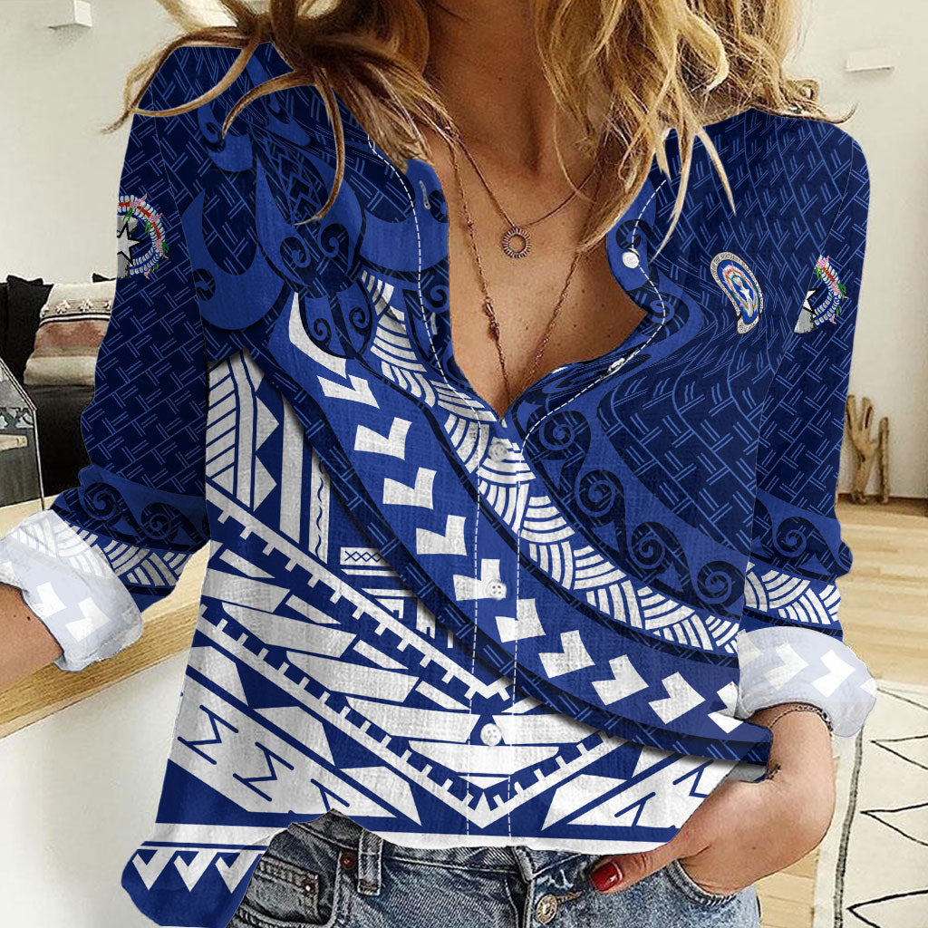 Northern Mariana Islands Saipan Women Casual Shirt Polynesian Tribal Pattern - Commonwealth Seal Art TS04 Female Blue White - Polynesian Pride