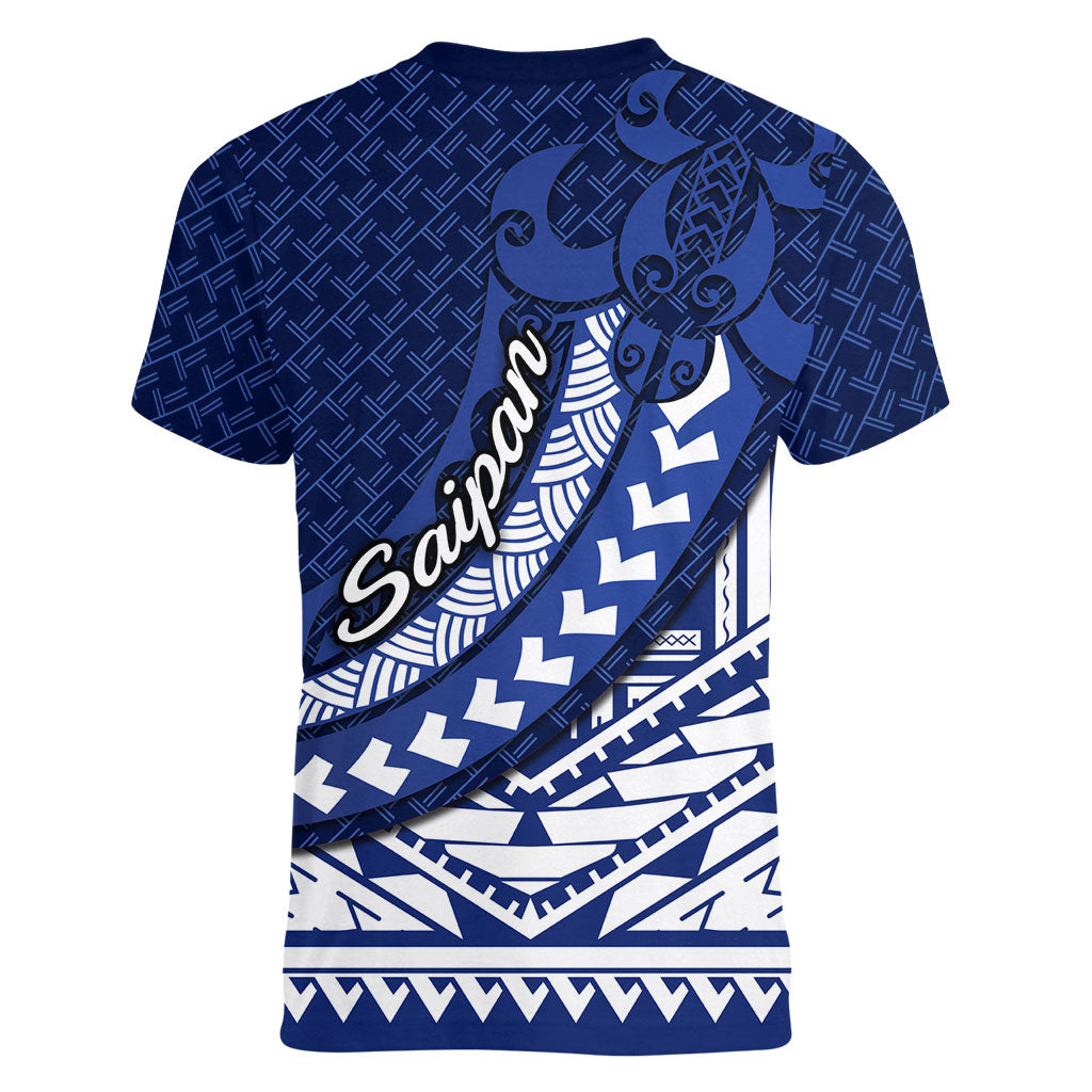 Northern Mariana Islands Saipan Women V-Neck T-Shirt Polynesian Tribal Pattern - Commonwealth Seal Art TS04 - Polynesian Pride